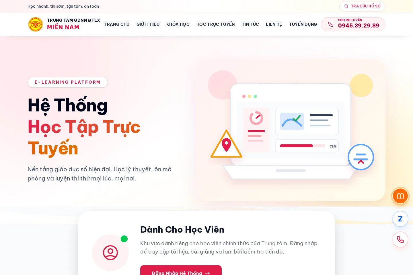 Trang tổng quan hệ thống học trực tuyến của Trung tâm GDNN Đào tạo Lái xe Miền Nam