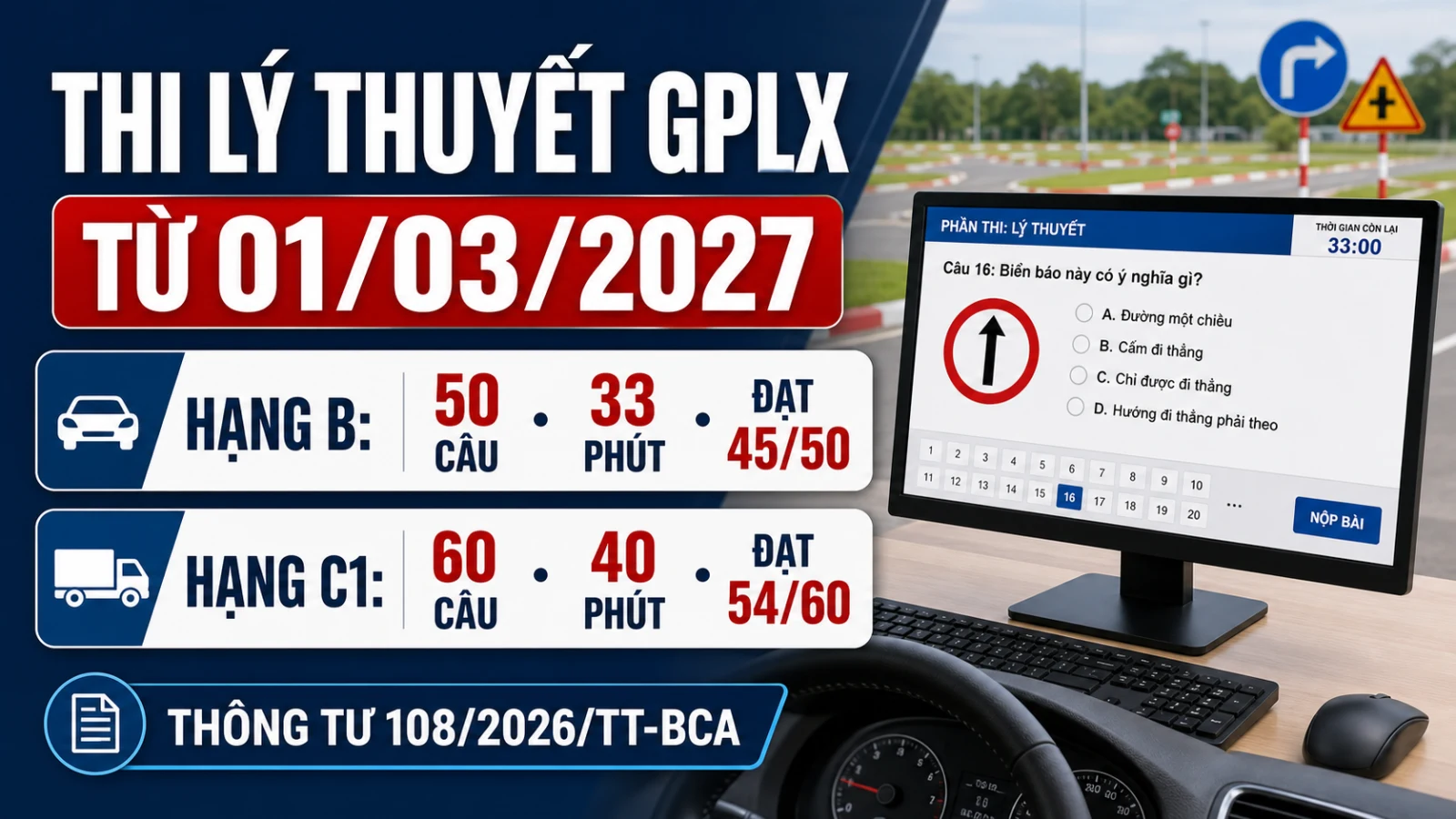 Thi lý thuyết GPLX từ 01/03/2027: Số câu, thời gian, điểm đạt